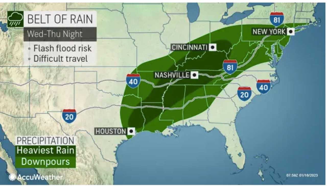 A widespread storm system moving from west to east is now on track to arrive in the region on Thursday morning, Jan. 19.