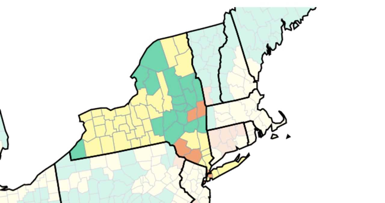 Counties shown in orange are where the CDC advises wearing masks indoors. Yellow counties are places in which those at high risk for severe disease should be cautious, and in green counties, indoor masking is not necessary.