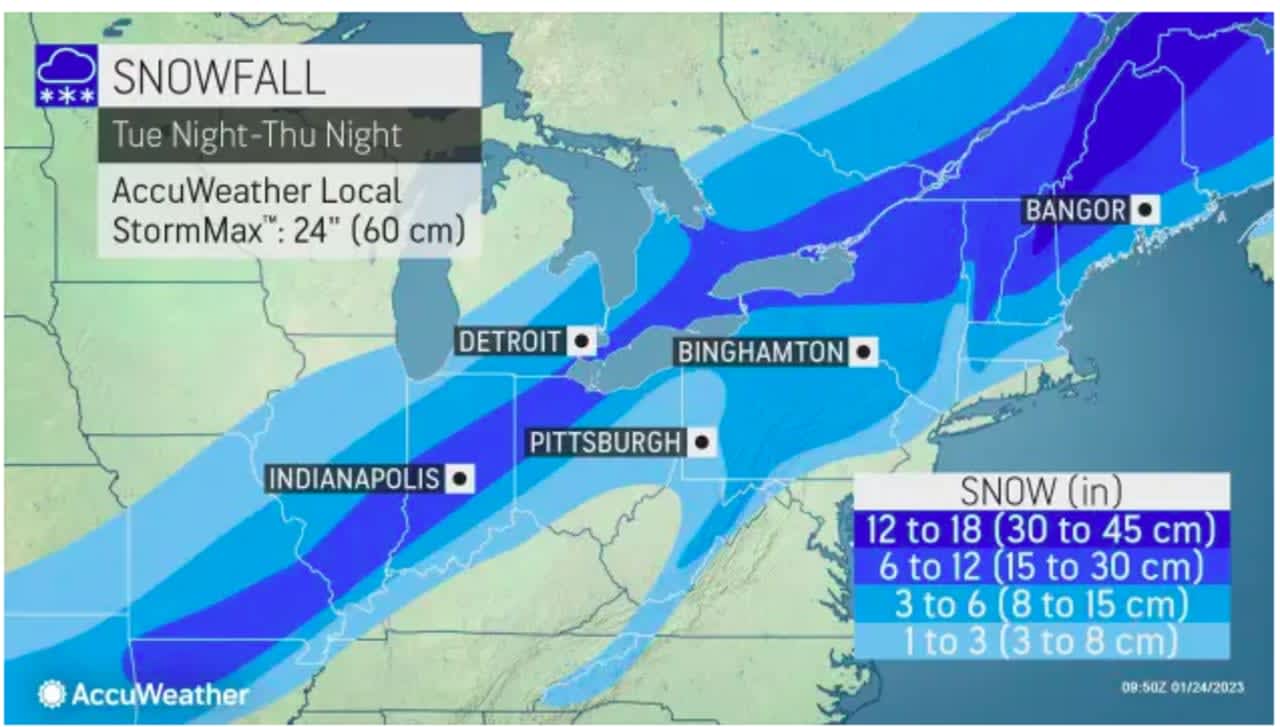 Currently projected snowfall totals for the storm due to arrive Wednesday afternoon, Jan. 25: 1 to 3 inches (sky blue), 3 to 6 inches (Columbia blue), 6 to 12 inches (blue), and 12 to 18 inches (royal blue),