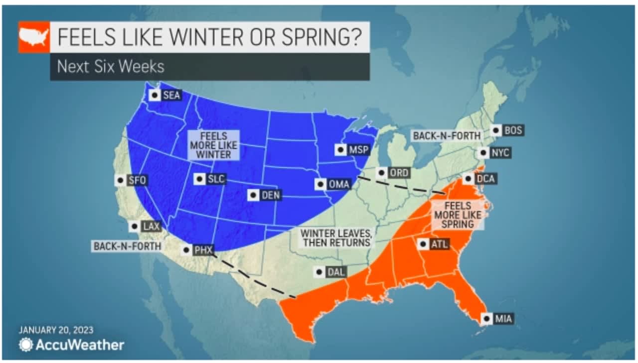 According to AccuWeather.com, most of the Northeast is characterized as being in the "Winter Leaves, Then Returns Category" in the outlook for the next six weeks.