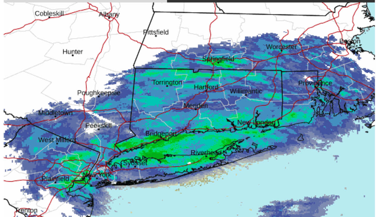 A look at the mixed precipitation in the region, including freezing rain, sleet, and light snow in a radar image from about 7:30 a.m.