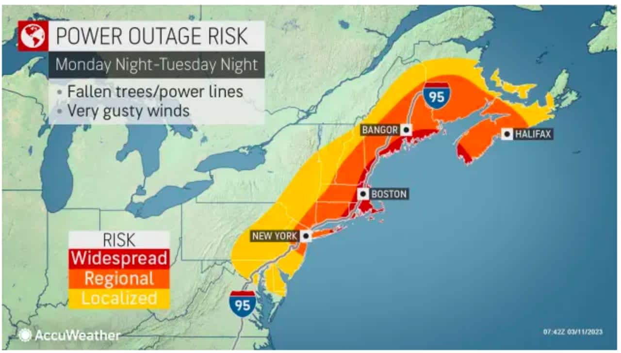 Areas along the coast are most at risk for power outages due to fallen trees/power lines, and gusty winds.