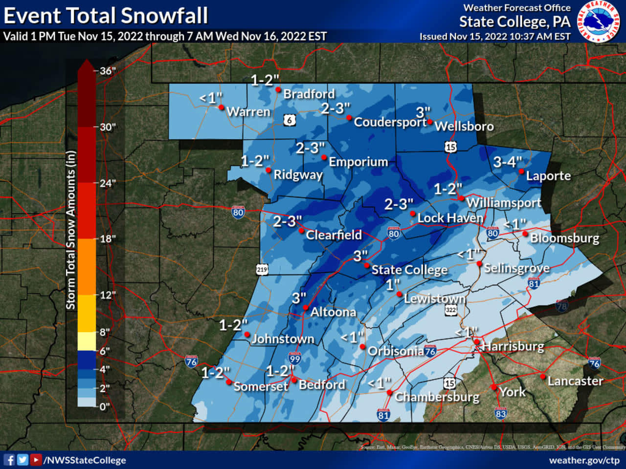 A National Weather Service map showing the snow and Ice fall estimates for Nov. 15, 2022.