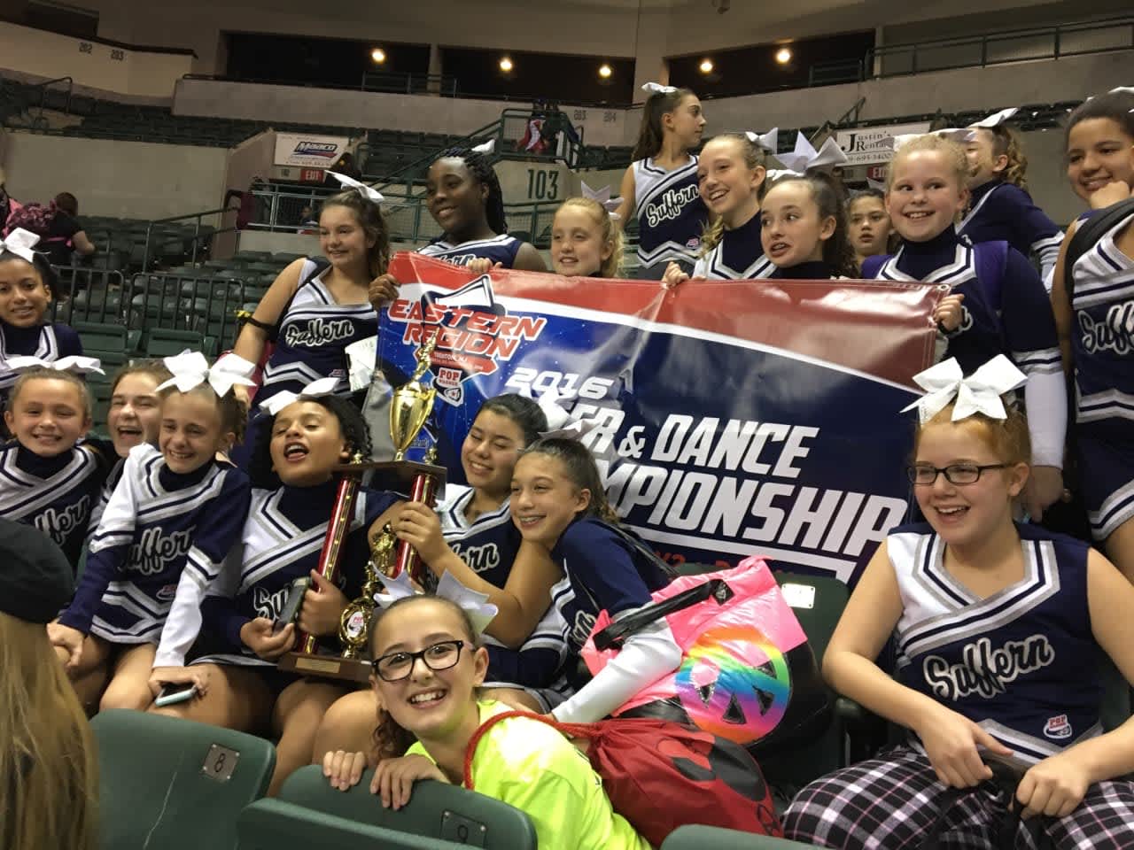 The Suffern Midget Mounties peewee cheer squad is heading to the national Pop Warner cheer competition at Disney World on Dec. 7.