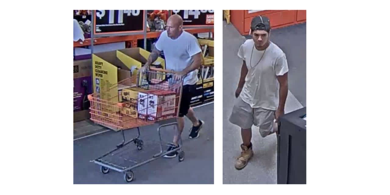 Authorities are searching for two men accused of stealing merchandise worth about $885 from a Suffolk County store.