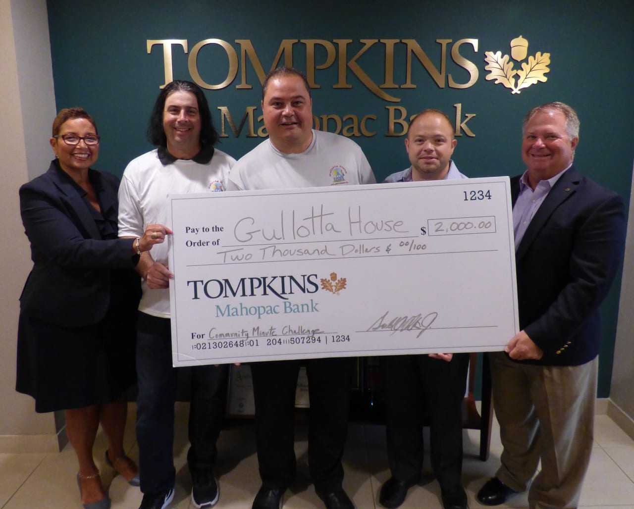 L-R: Rebecca Polanco, of Tompkins Mahopac Bank; Robert Nolan, Gullotta House board member; Matthew Gullotta, Gullotta House founder and president; Ari Thanos, Gullotta House board member; and Jerry Klein, Tompkins Mahopac Bank president & CEO
