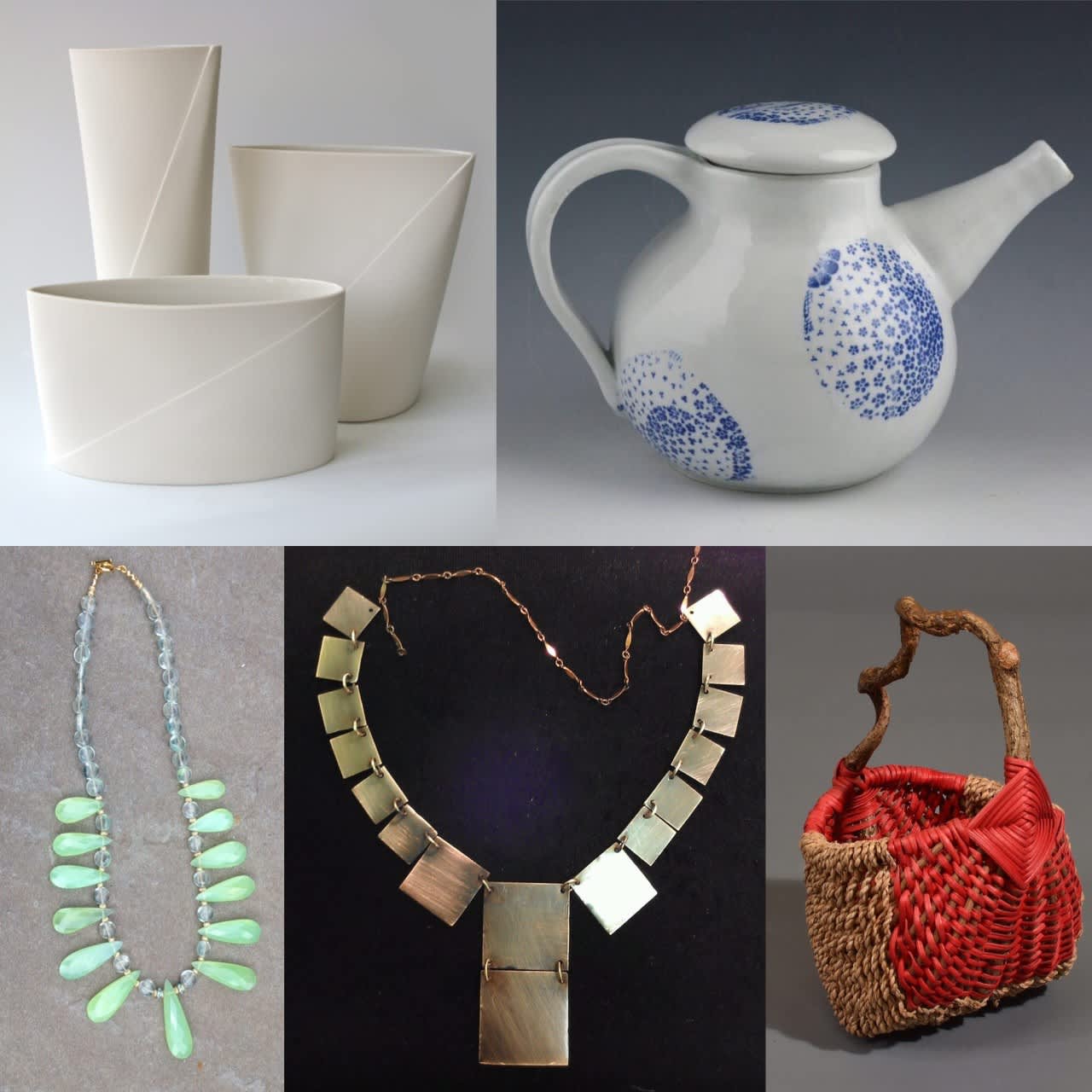 From the artisan trunk show, clockwise from top left: vases by Romi Hefetz, tea pot by Karen Ford, basket by Tina Puckett, necklace by Steve Wallerstein and necklace of faceted Parrot Green Onyx almond briolettes by NMS Designs.