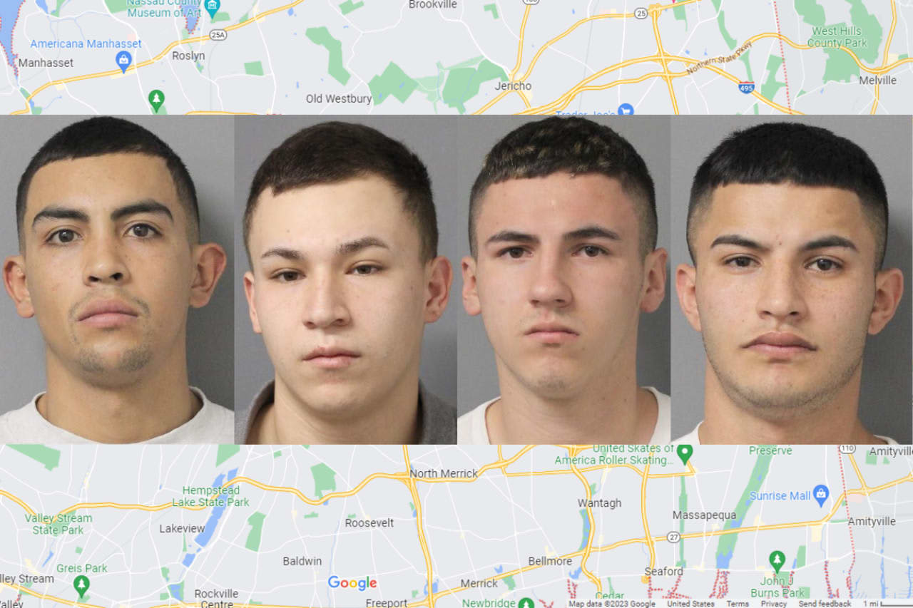 Nassau County Police arrested four suspects accused in numerous home break-ins. Pictured (left to right) are: David Rodriguez Paez, age 35, Andres Felipe Rayo Lugo, age 19, Kevin Santiago Siabato Canon, age 19, and Andres Felipe Canon Ibanez, age 23.