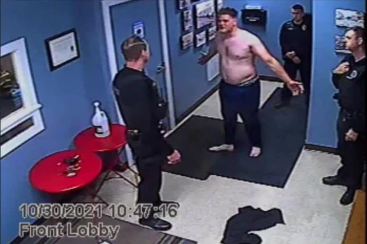 Surveillance video captured the moment Jason Jones caught fire after being hit with a TASER device inside the Catskill Police Department in October 2021.