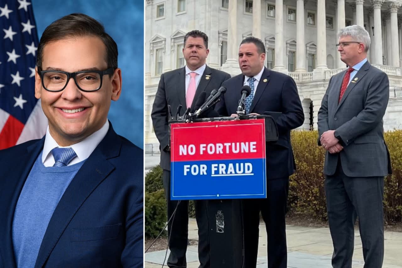 New York Reps. Nick LaLota, Anthony D'Esposito, and Brandon Williams hold a press conference outside the US Capitol on Tuesday, March 7, on new legislation that would bar members of Congress from profiting off crimes.