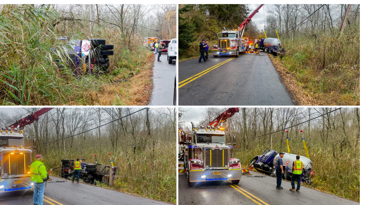 A propane truck rolled over into an embankment in Mahopac on Stillwater Road.