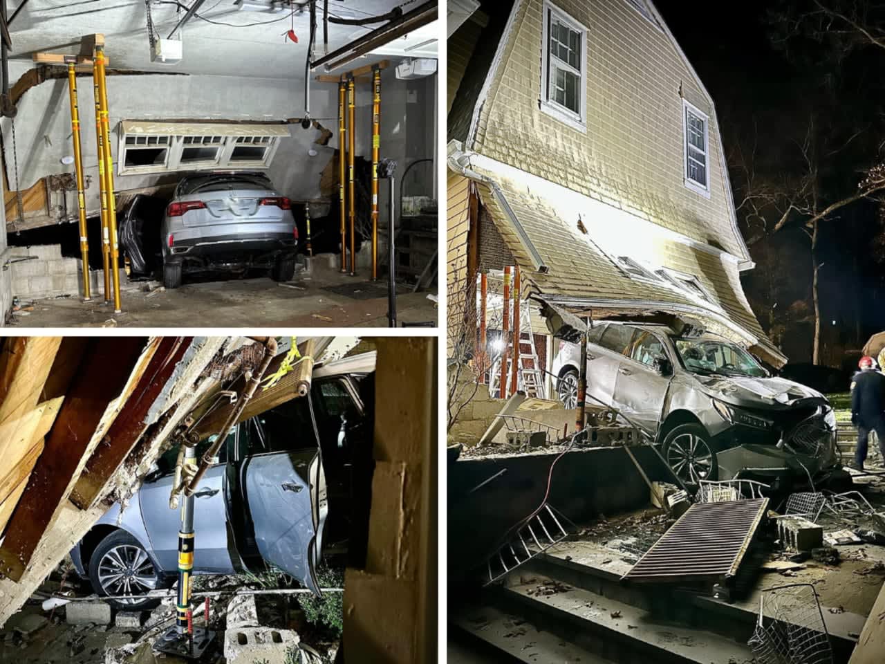 A car crashed into a building in Mount Kisco, requiring an intricate removal process.