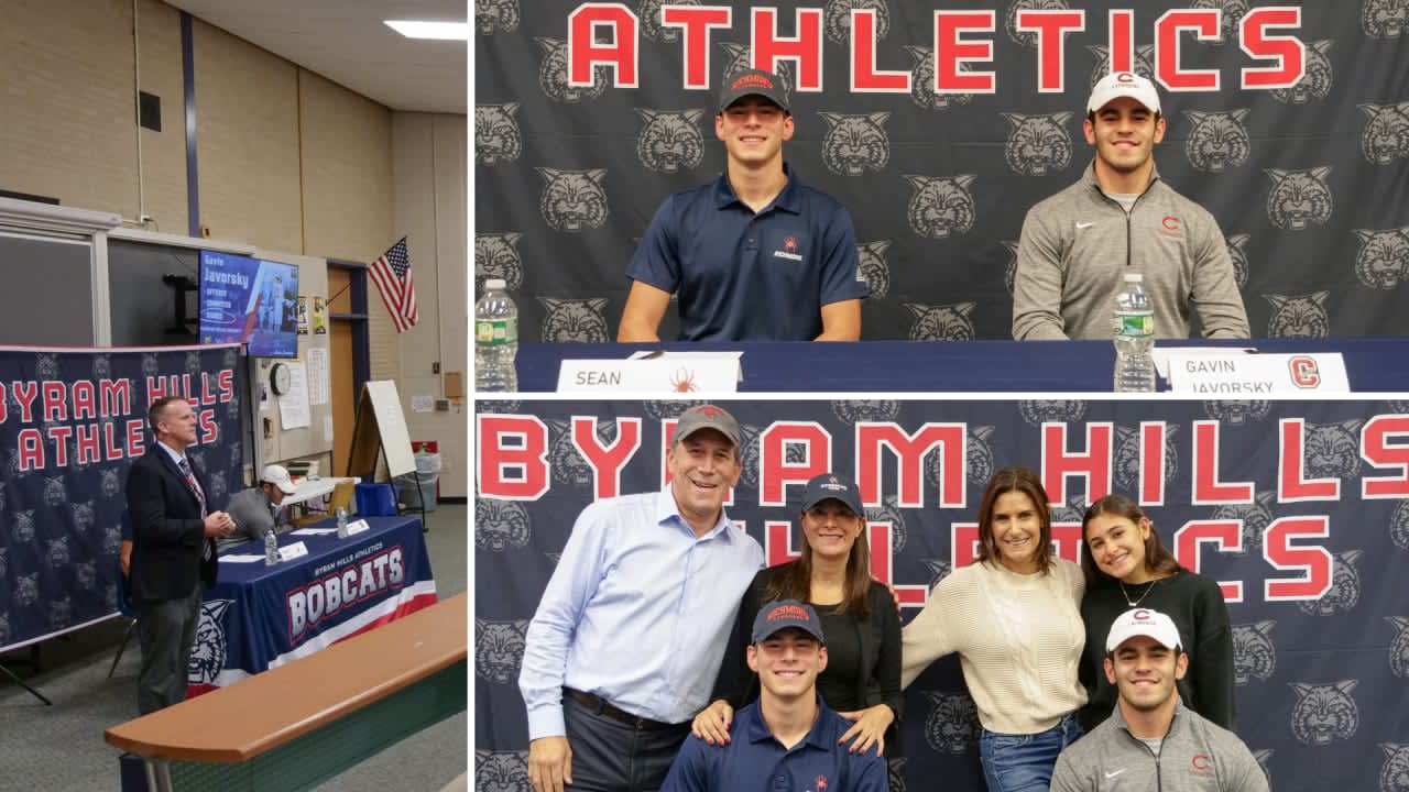 Byram Hills High School lacrosse athletes Gavin Javorsky and Sean Siegel are joined by family, friends, and faculty members at a ceremonial signing day ceremony on Wednesday, Nov. 9.