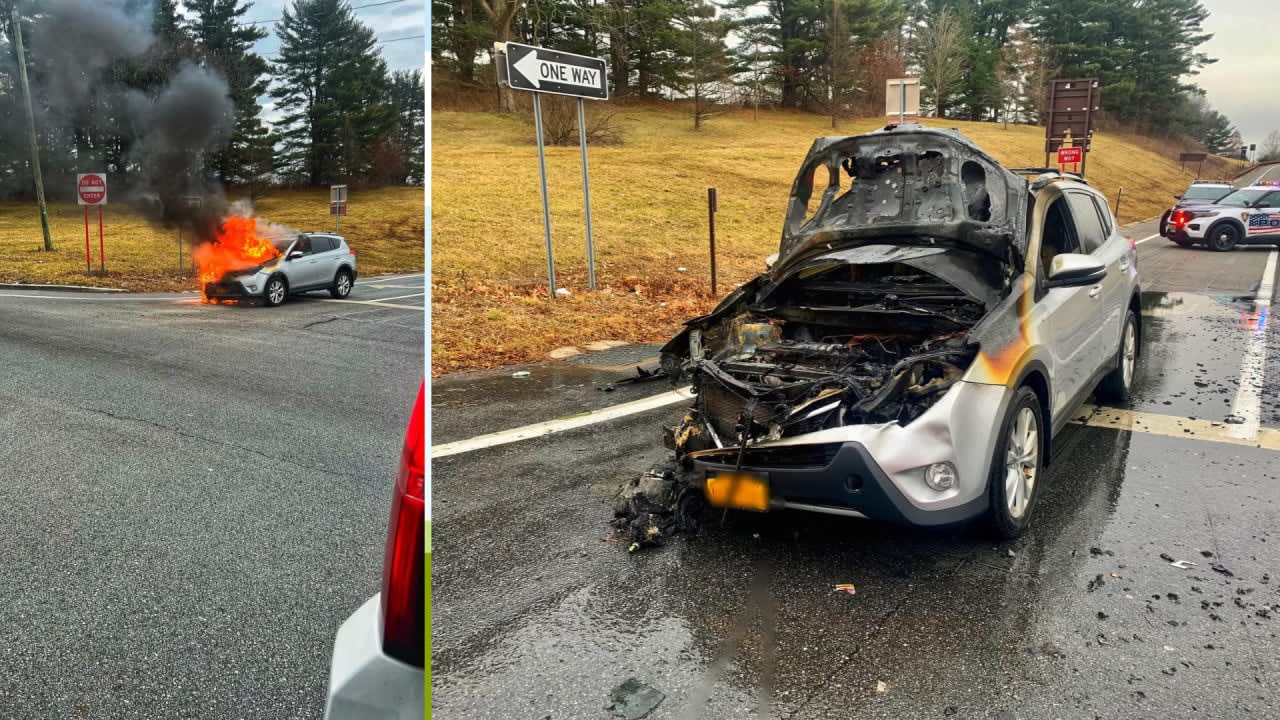 A vehicle was left heavily damaged after catching on fire in Yorktown in the area of the Taconic State Parkway and Crompond Road (Route 202).