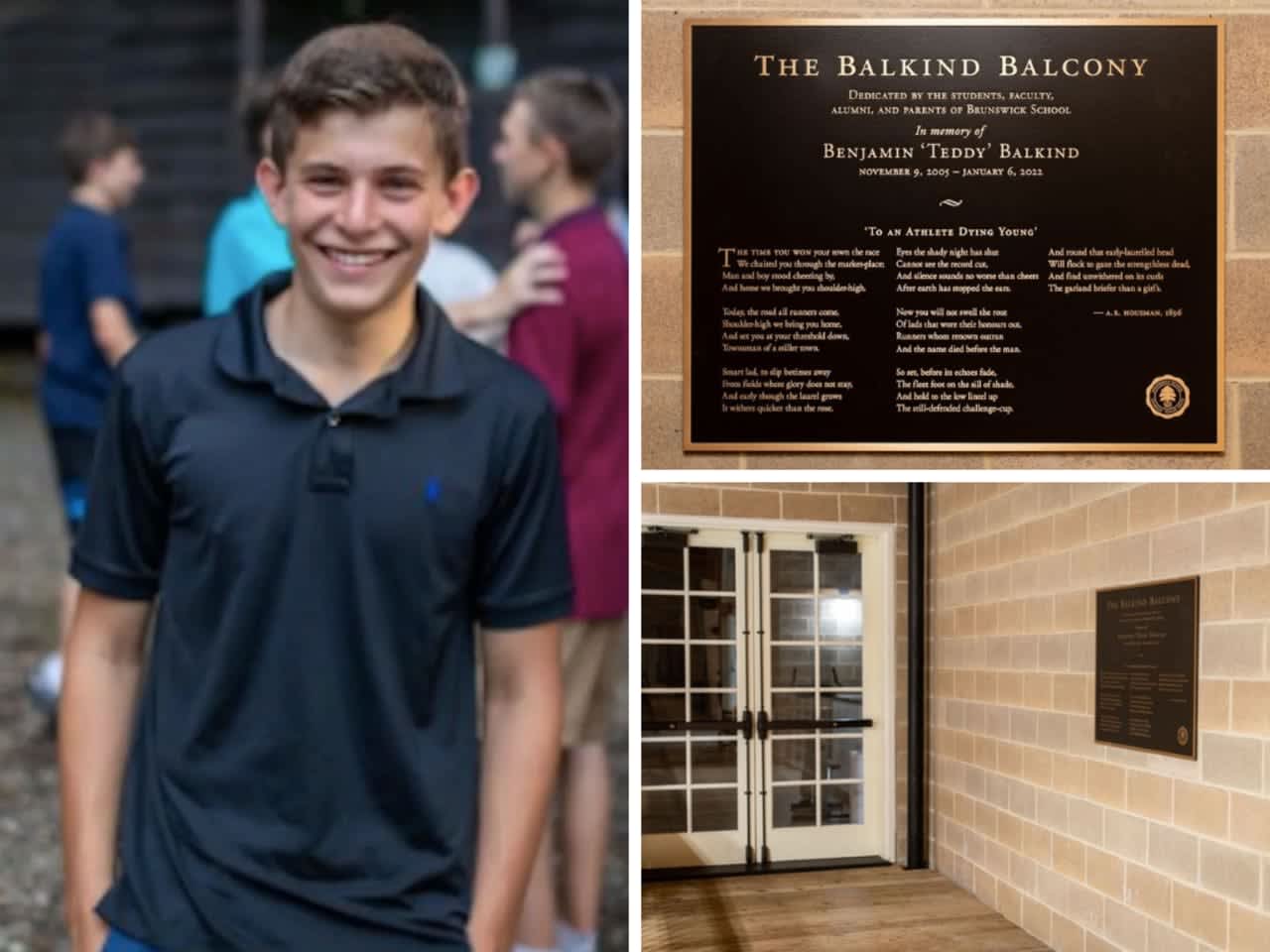 A plaque at Greenwich's Brunswick School honors hockey player Teddy Balkind, who died during a game after colliding with another player.