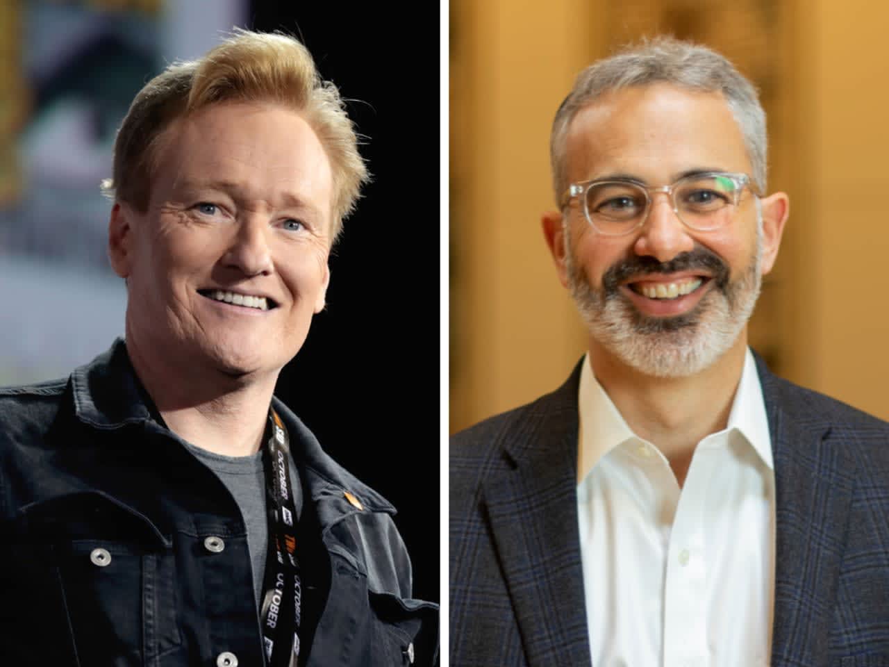Talk show host Conan O'Brien (left) interviewed Rabbi David Schuck (right) from New Rochelle in a podcast episode.
