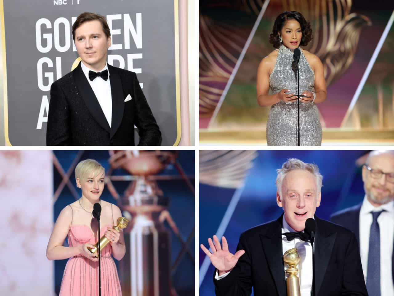 Golden Globes winners Paul Dano (top left), Angela Bassett (top right), Julia Garner (bottom left), and Mike White (bottom right) all have ties to Connecticut.