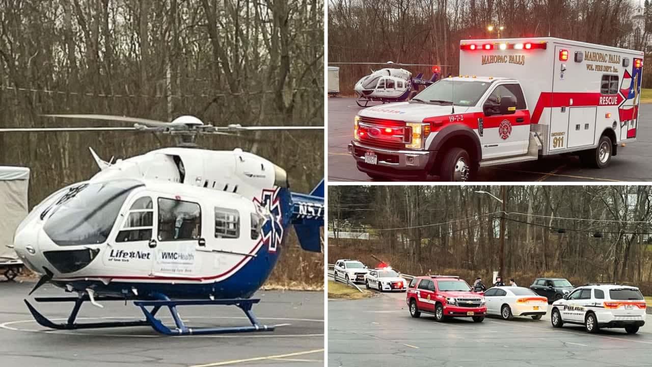 A large EMS response including a LifeNet helicopter was required after two men were injured by a scaffolding collapse in Mahopac Falls.