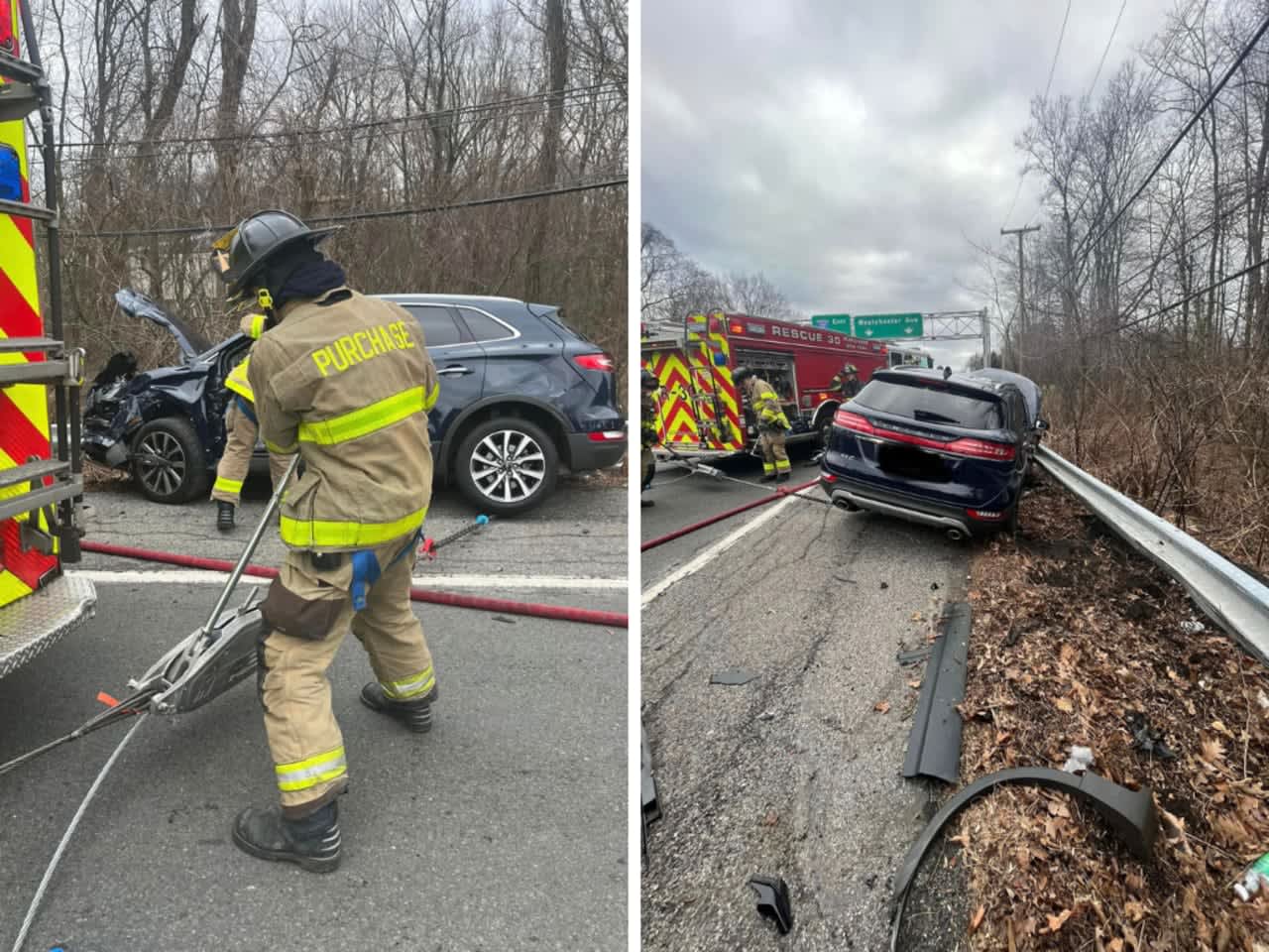 A car had to be removed from a guardrail on Westchester Avenue in Harrison by the Purchase Fire Department after a two-car crash.
