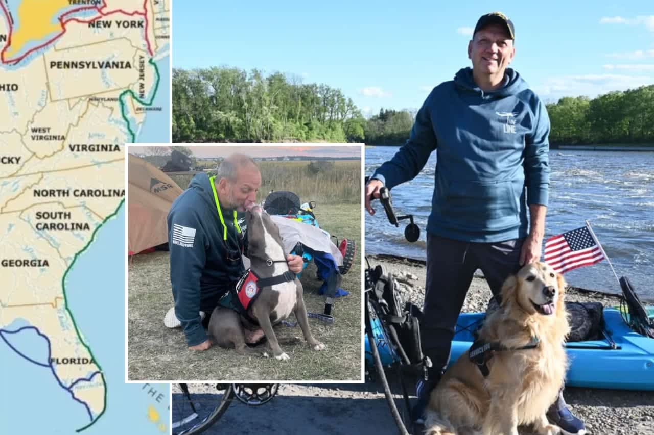 Jimmy Thomas, age 61, of Ballston Spa, is kayaking from Glenville to Florida and then biking back to New York as part of a fundraiser for veterans in need of service dogs.