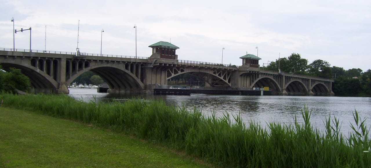 A construction worker working on the Devon Bridge fell 40 feet, landing on a construction barge below.