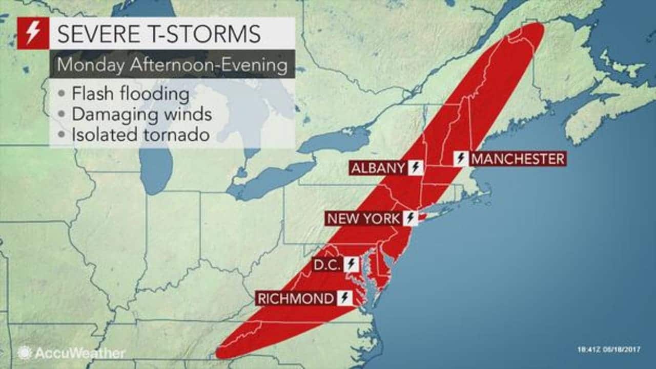 Northern New Jersey could see severe thunderstorms and potential flash flooding Monday evening.