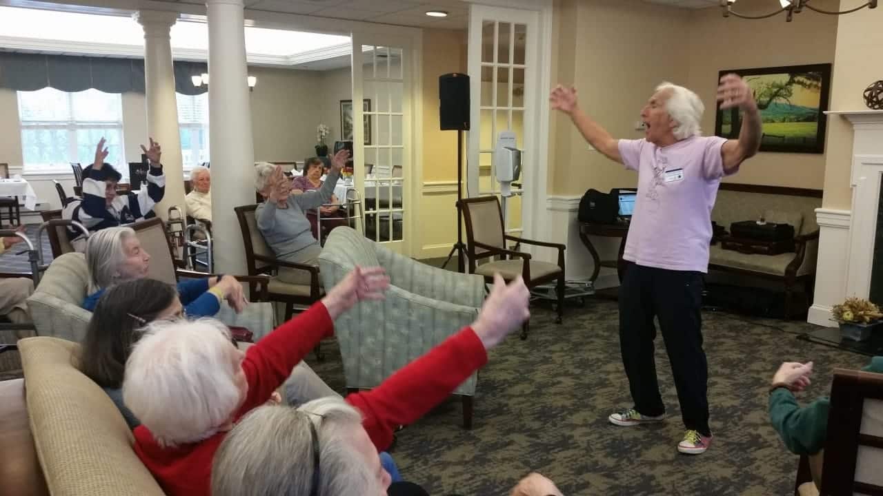 Atria Senior Living residents embrace active lifestyles by taking an exercise class at the assisted living faclity.