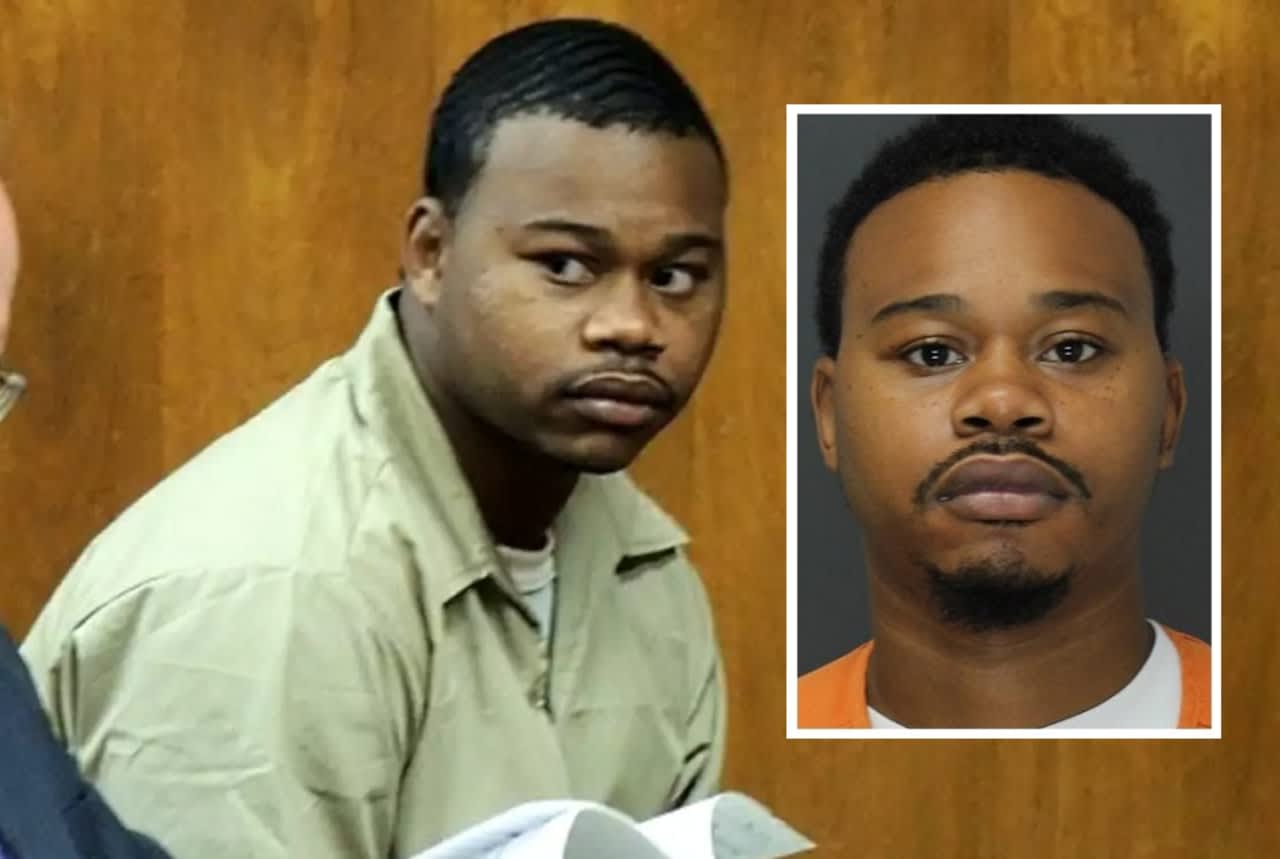 Hakeem Chance in court in 2014 and in current mugshot (inset).