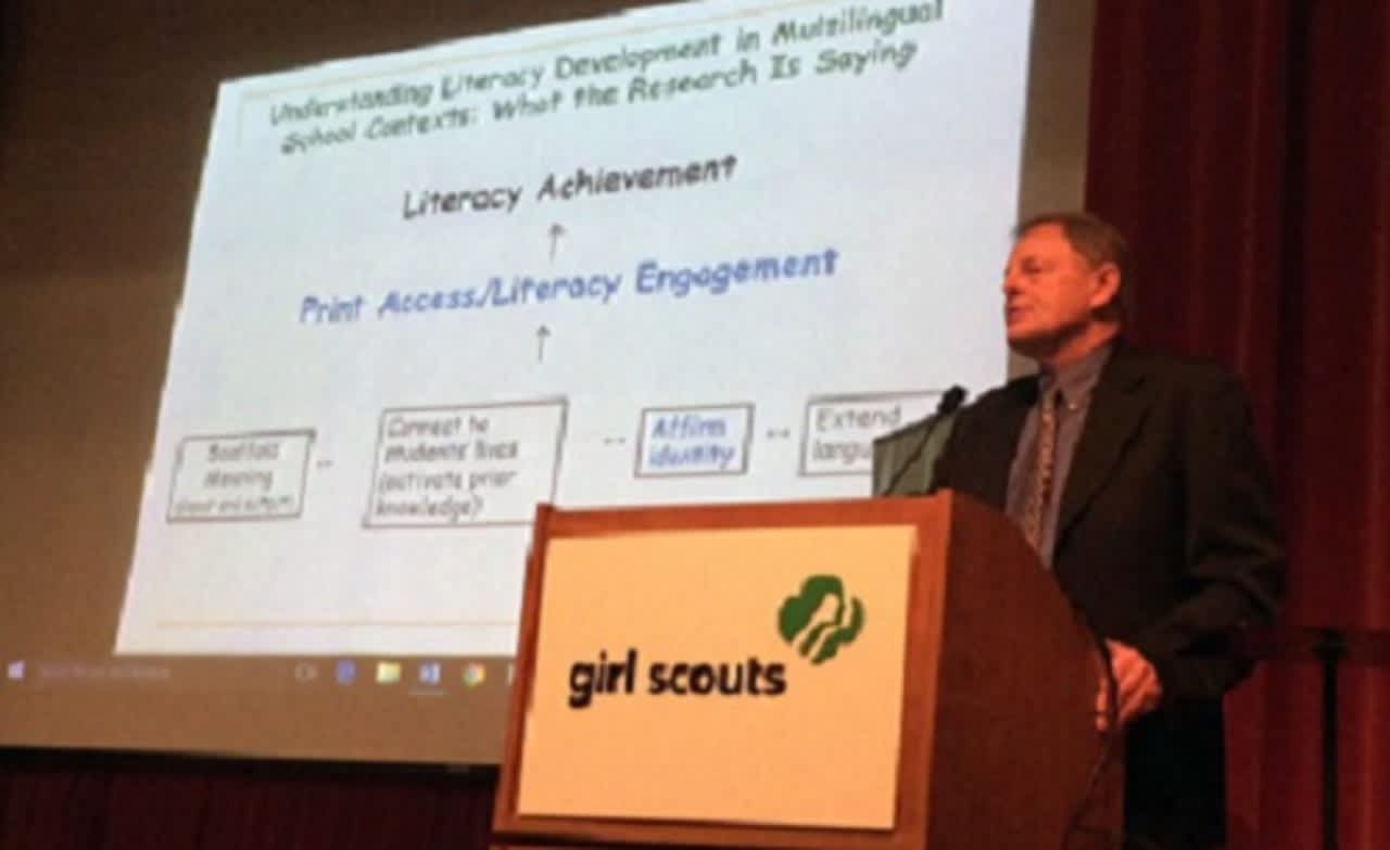 Dr. Jim Cummings, one of the world's leading authorities on bilingual education, speaks at a Harrison conference on ways to help English-learners succeed in school.