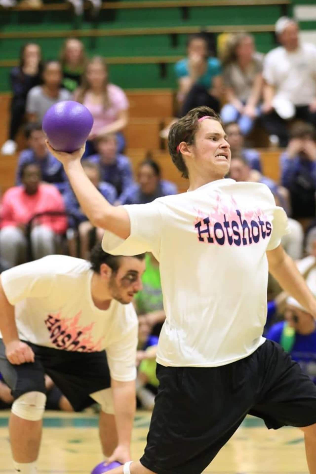 A Norwalk student gets ready to fire at a Dodgeball fundraiser event last year at Norwalk High School.
