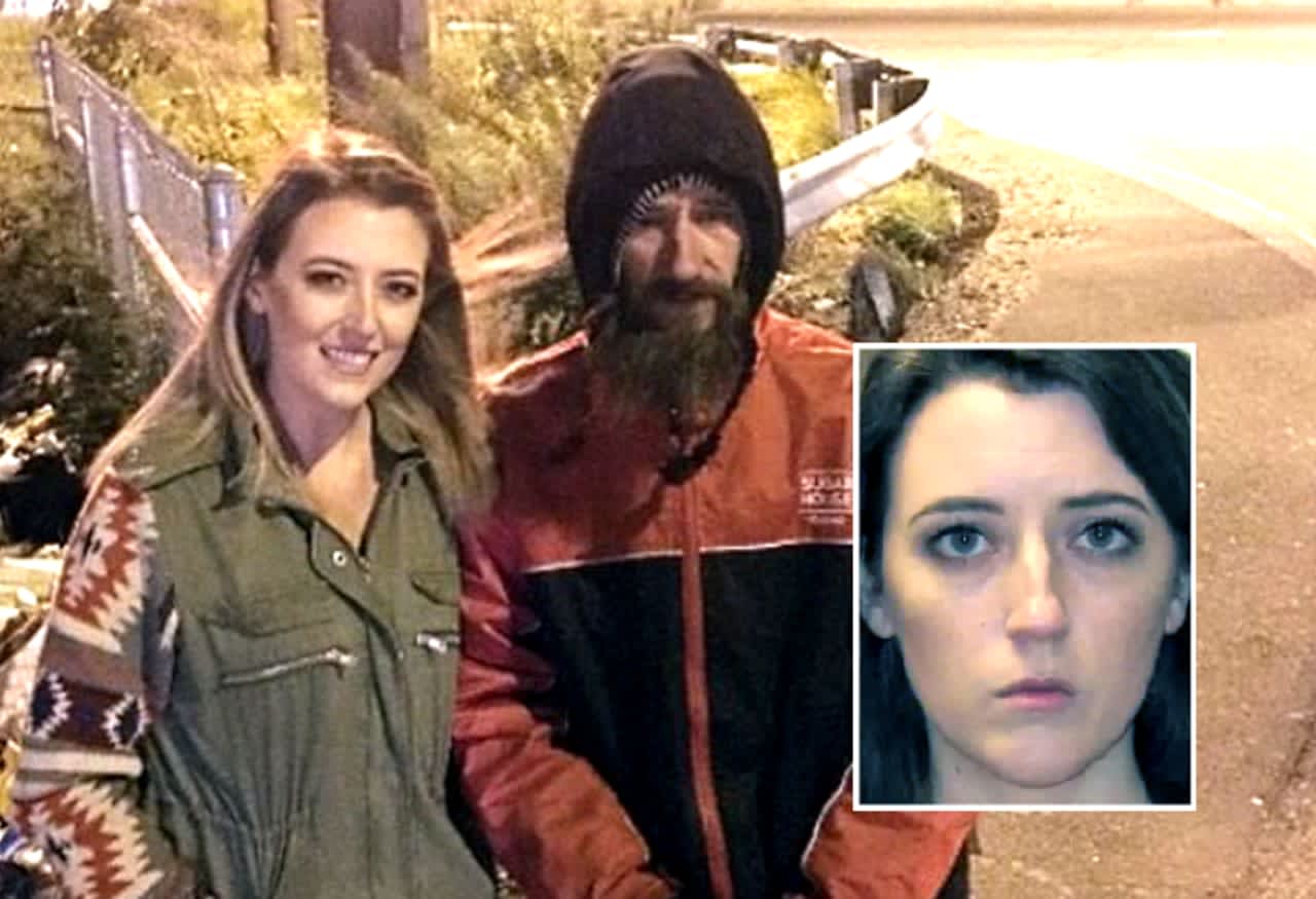 Katelyn McClure, in photo with Johnny Bobbitt Jr. and in mugshot inset.