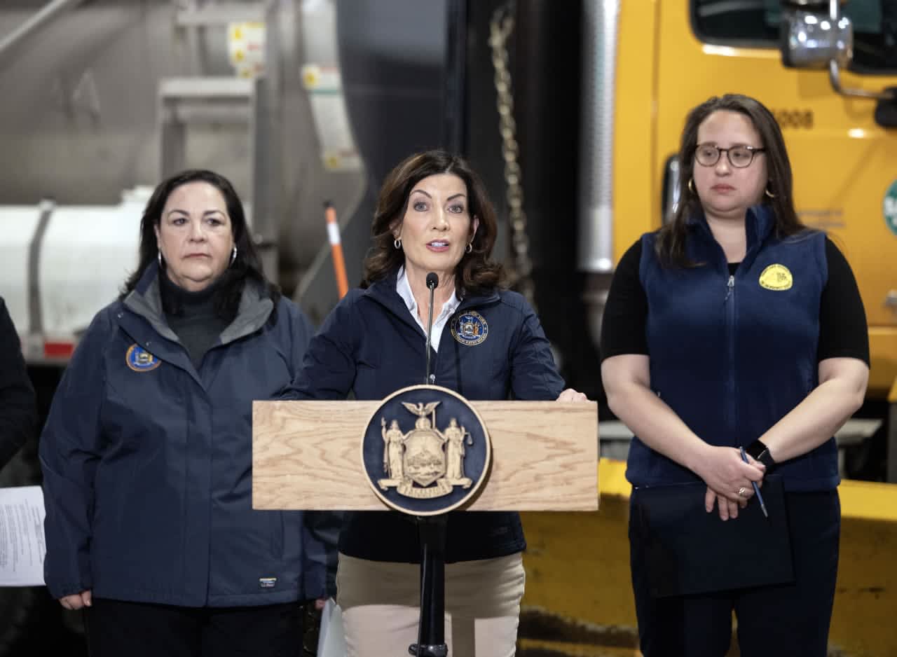 New York Gov. Kathy Hochul holds a winter storm briefing in Latham on Monday, March 13.