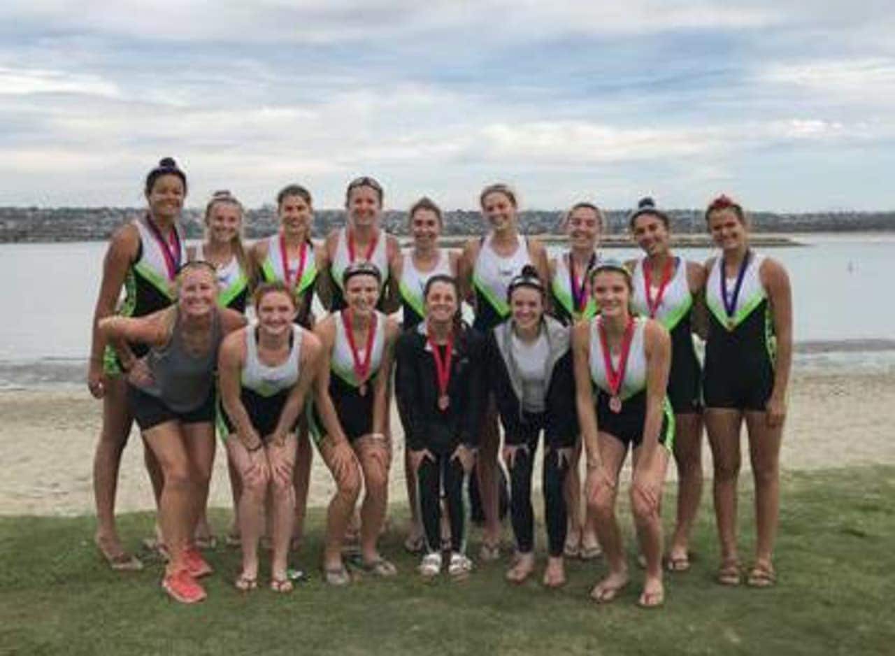 Teams from Connecticut Boat Club won gold and silver in San Diego. See story for IDs.