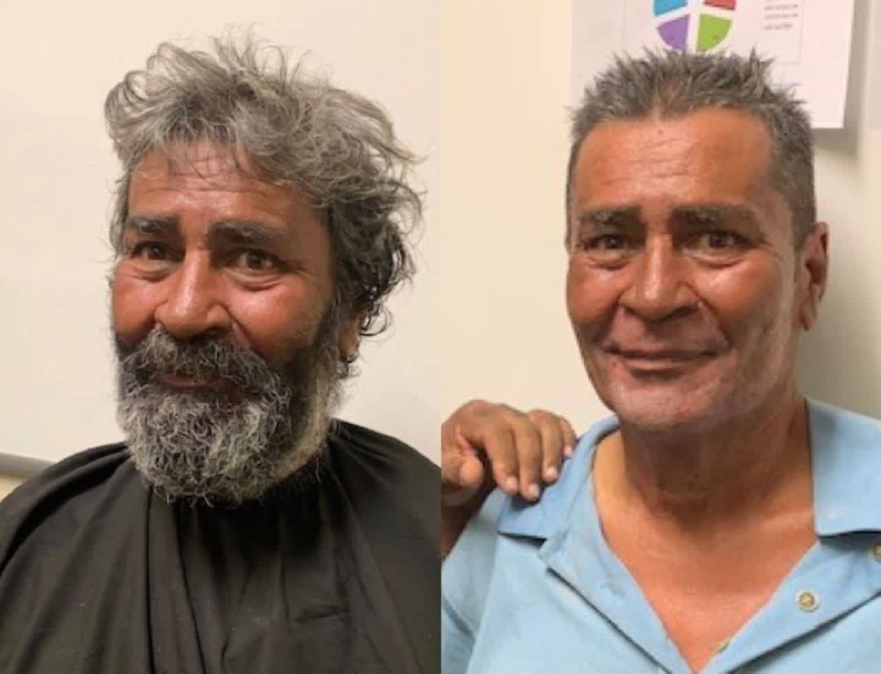 A before-and-after photo of Jose Lopez, a homeless man who had not seen his family in nearly a quarter-century.