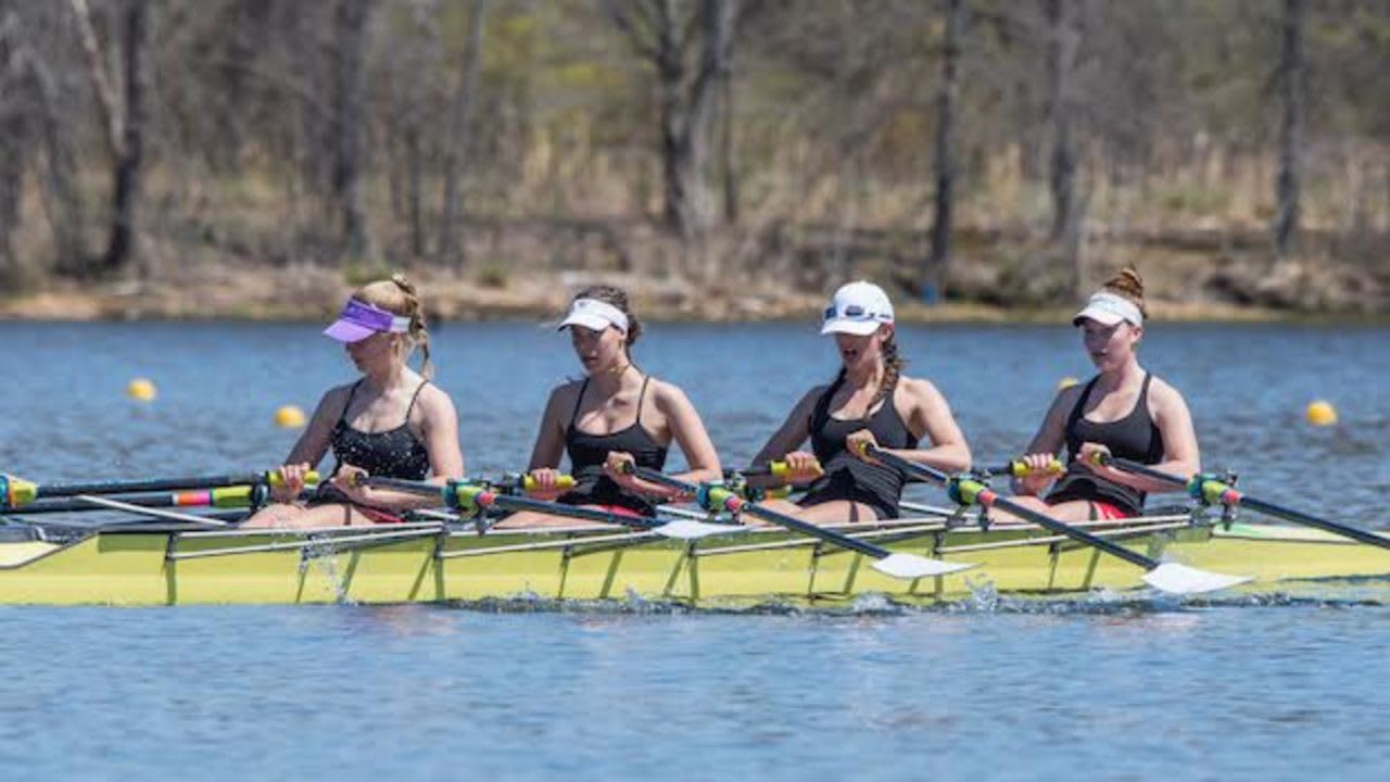 The women’s lightweight varsity quad from New Canaan Crew won gold at the Mercer Lake Sculling Championships held April 16 and 17.