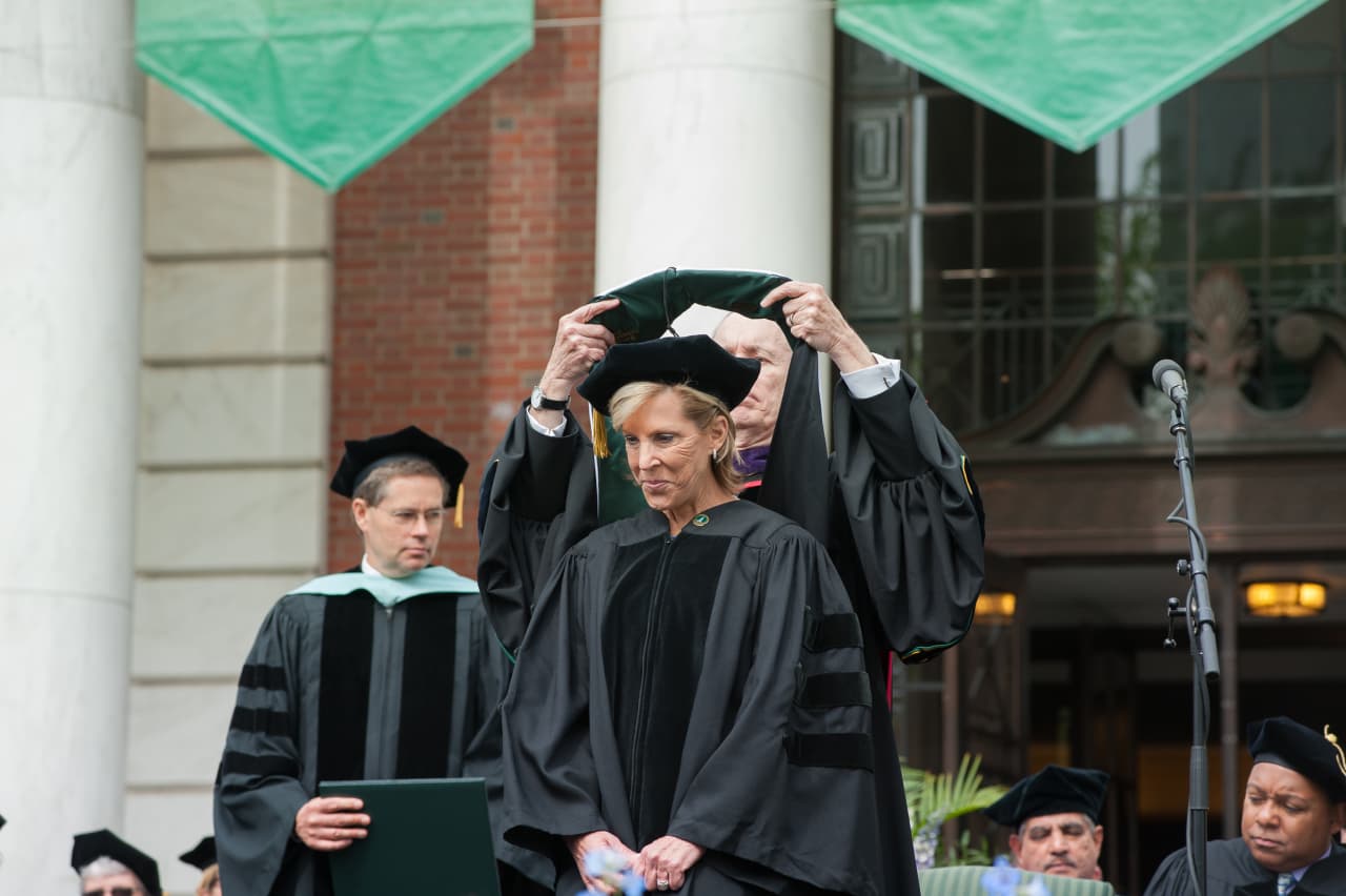 New Canaan's Kathy Giusti receives her Honorary Doctor of Humane Letters degree from The University of Vermont. She is the CEO and founder of Norwalk-based Multiple Myeloma Research Foundation.