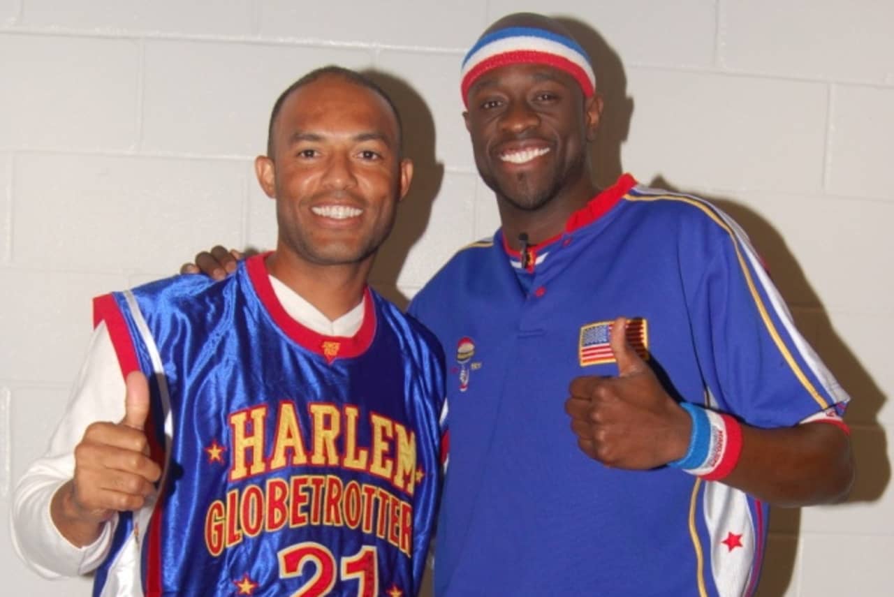 Harrison resident Mariano Rivera, seen here with Special K Daley, was drafted by the Harlem Globetrotters Tuesday.