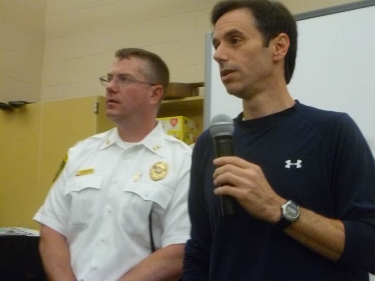 Police Chief Leon Krowlikowski and Director of the Office of Emergency Management Michael Handler, go over a few ground rules before testing a few emergency scenarios out at Saxe Middle School in New Canaan. 