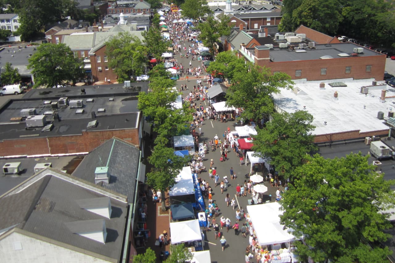 An aerial view shows a past Village Fair & Sidewalk Sale in New Canaan. 