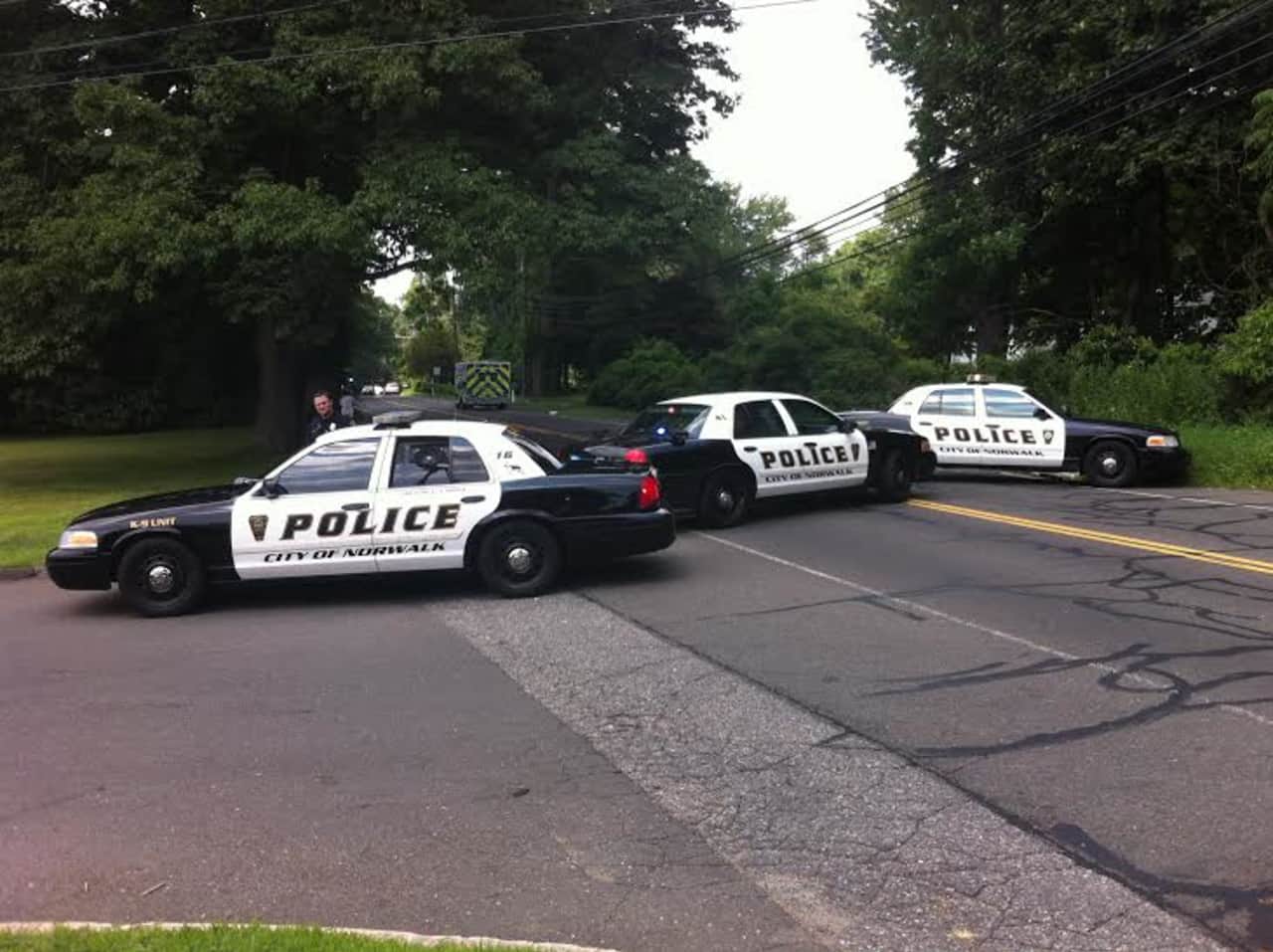 West Rocks Road in Norwalk is blocked by police cars on Tuesday afternoon.