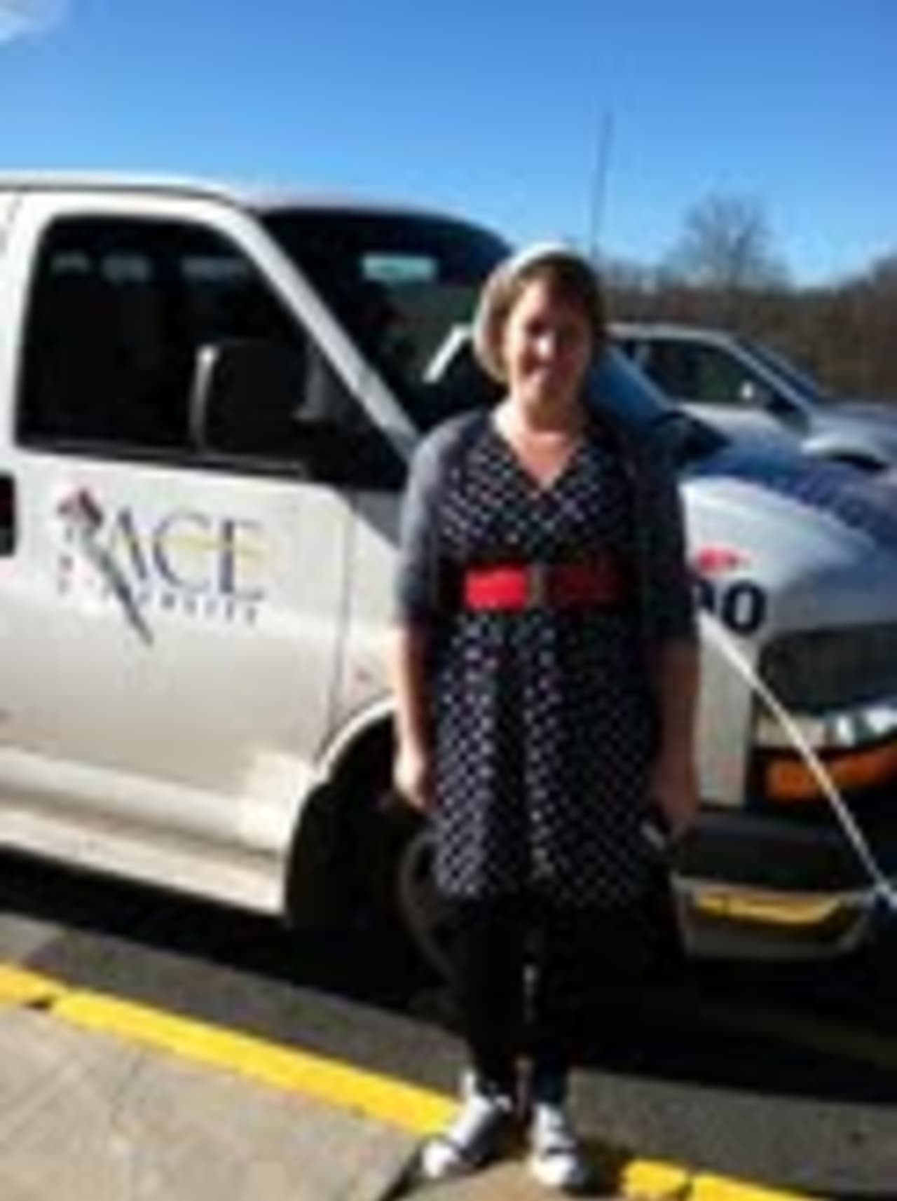 Pace University's Caitlin Kelly and her Voter Van outside Briarcliff High School.