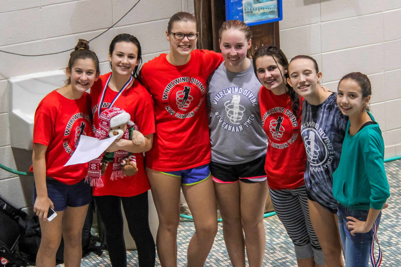 Whirlwind divers (left to right) Sophia Rapp, Rachel Burston, Genevieve Angerame, Kirsten Parkinson, Kyla Pech, Kylie Towbin, and Allison Courtney competed at the Lord of the Boards.