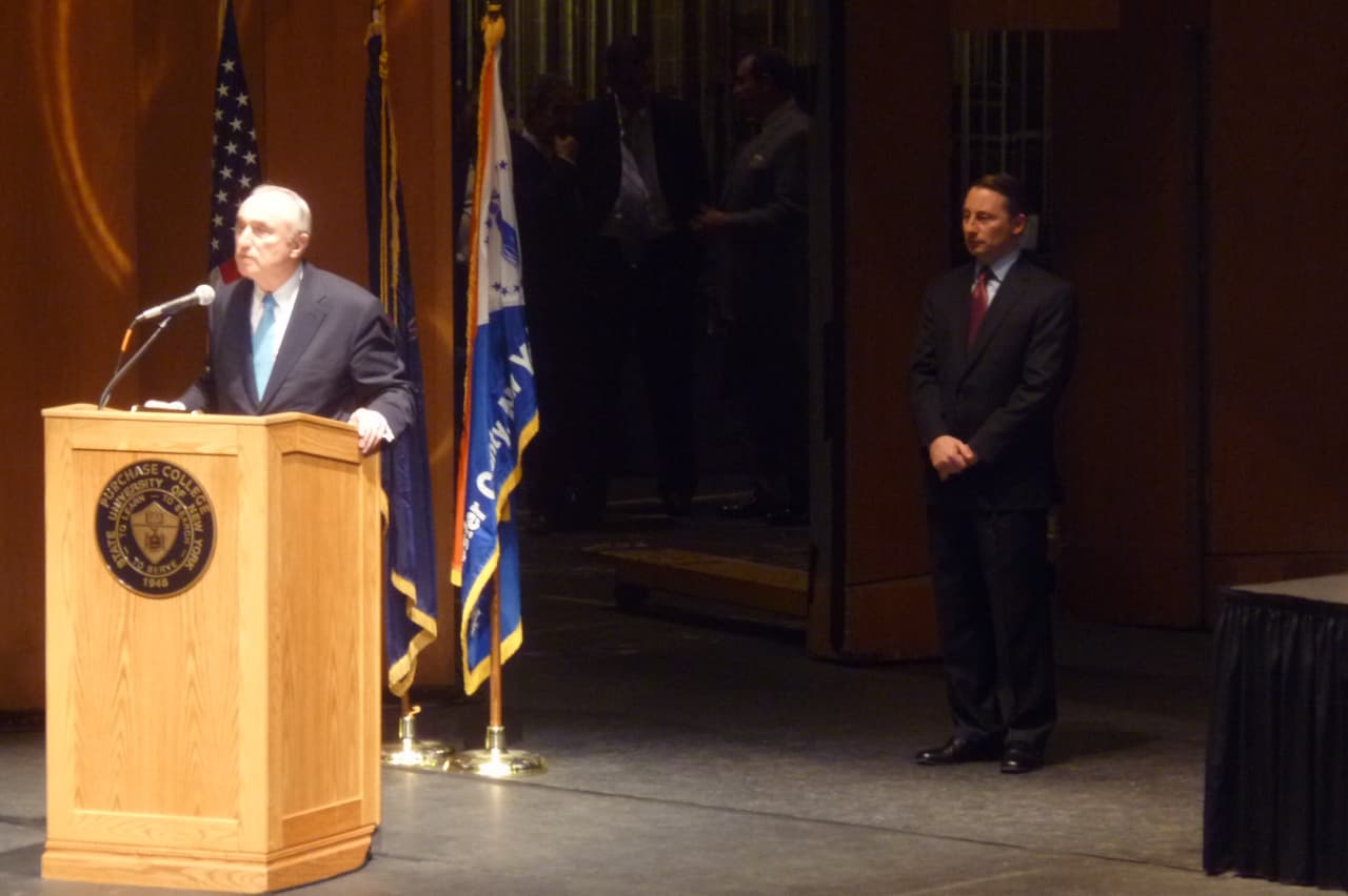 Former New York City Police Commissioner William Bratton was the keynote speaker Wednesday at the Westchester County School Safety Symposium held at the Performing Arts Center at Purchase College, SUNY.