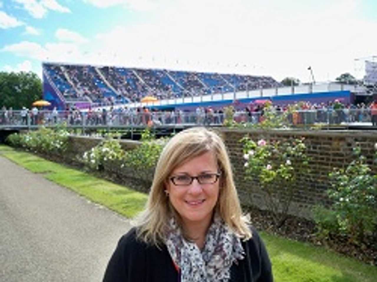 College of New Rochelle Professor Amy Bass, shown here at the London Olympics, won an Emmy award for her work with NBC.