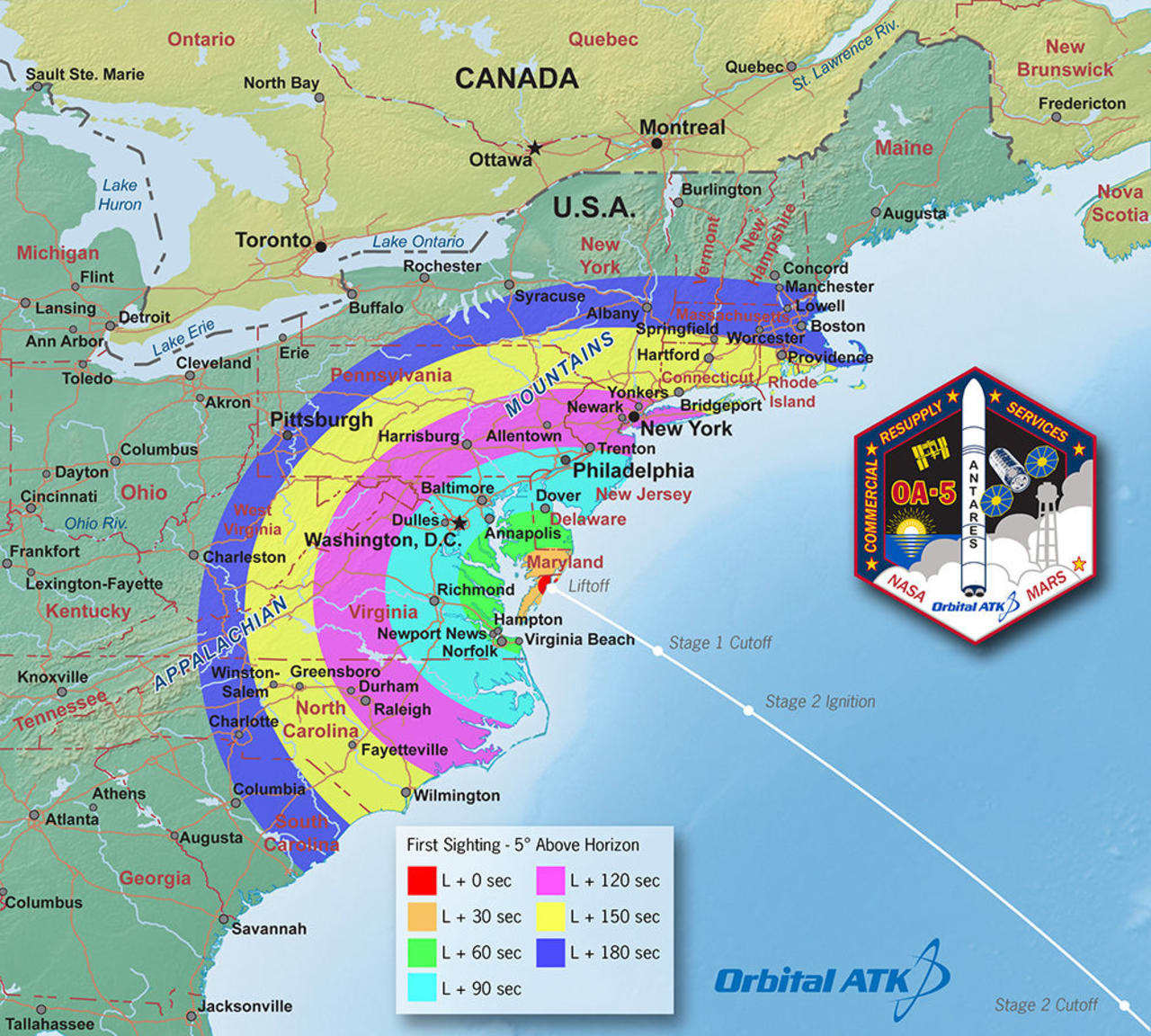 This map shows the regions of visibility for the nighttime launch scheduled for 8:03 p.m. on Sunday, Oct. 16. The launch may be visible from a wide region of the U.S. East Coast.