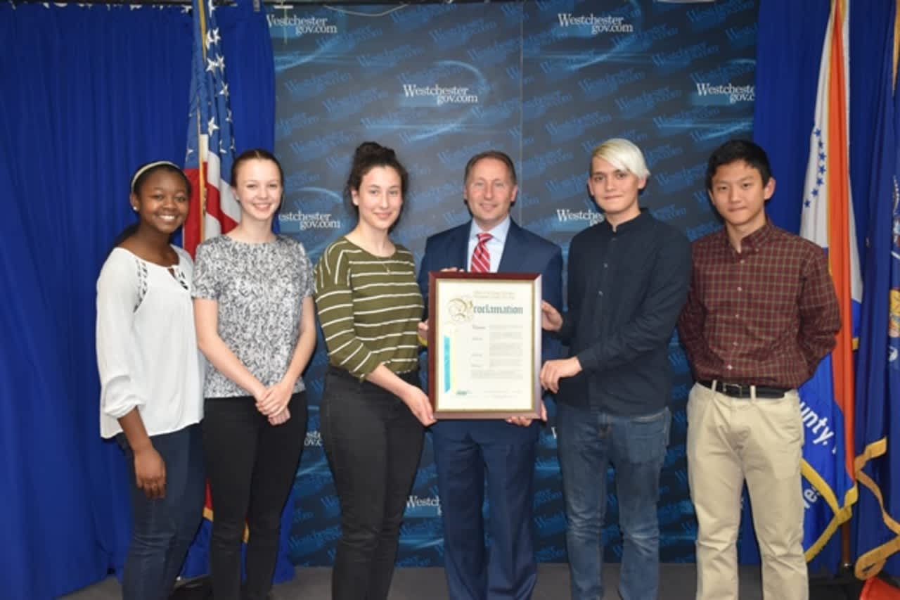 County Executive Rob Astorino honors five students from Ossning High School's Team 10 who placed third overall in the Hudson Valley Regional Envirothon and will advance to the state competition.