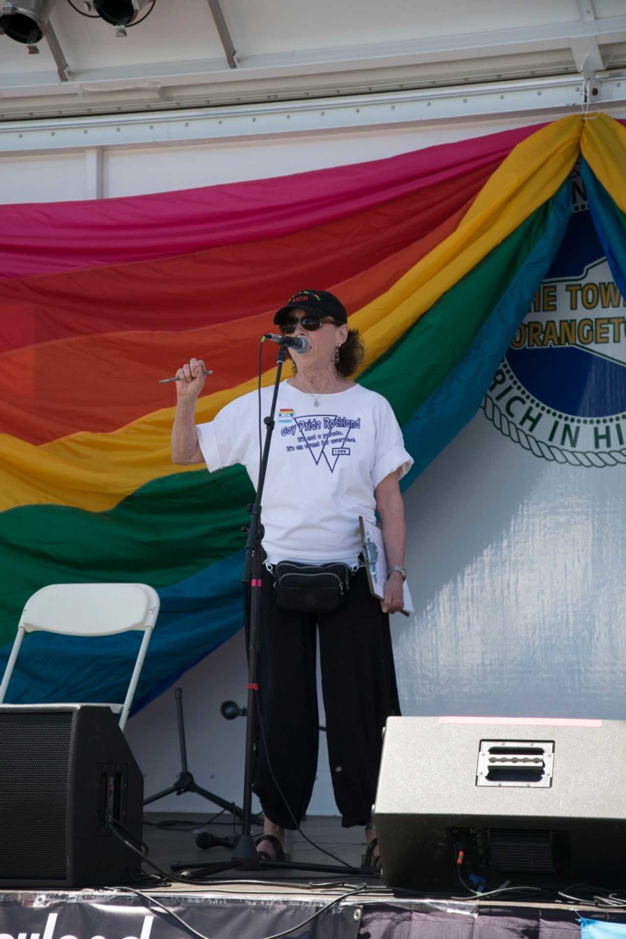 Phyllis B. Frank addresses the crowds in Nyack on June 12 during Pride Weekend.