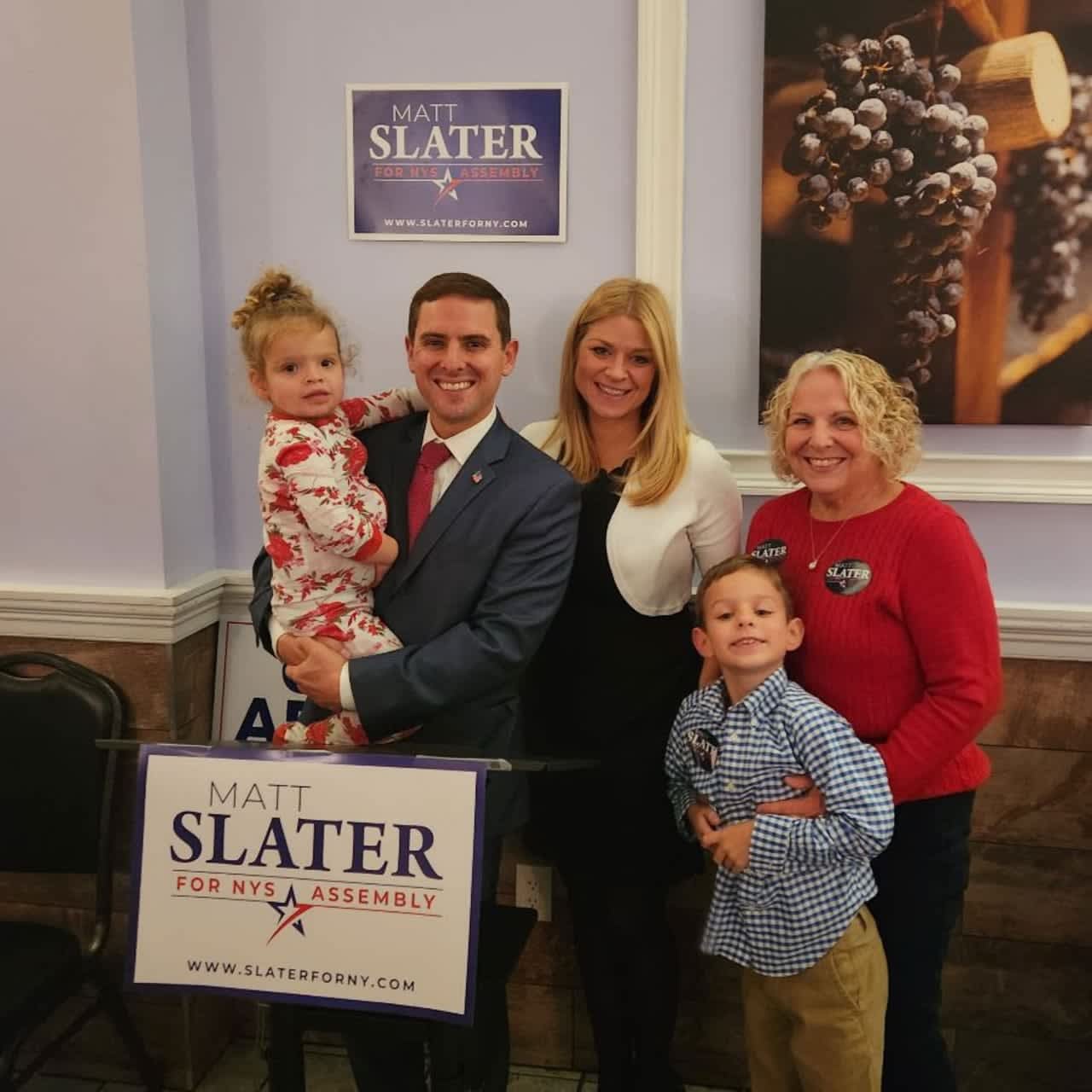 Yorktown Supervisor Matt Slater celebrates his win with his family (L-R) daughter Elizabeth, wife Kellie, mother Kathy, and son Charlie.