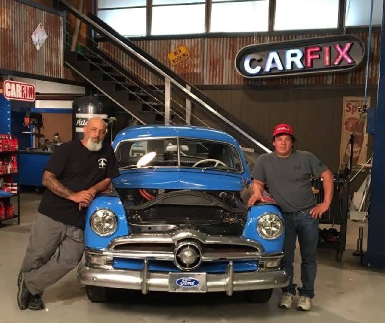 Chuck Wanamaker III, right, with his 1950 Ford Coupe, and co-host Lou Santiago on the set of "Car Fix" in Florida.
