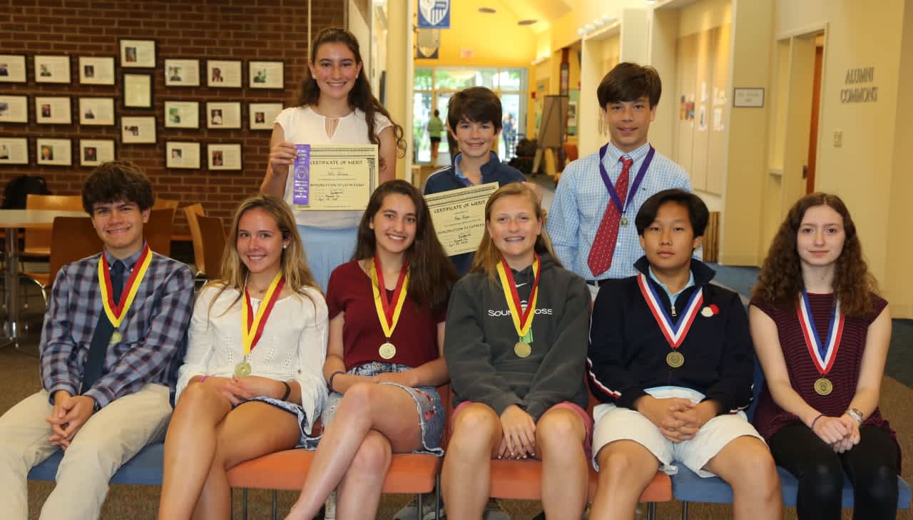 New Canaan Country School students who earned national acclaim: (front row from left): Shane Carbin, Hannah Nightingale, Georgia Rivero, Ellie Hanson, Seth Yoo and Alexandra Mathews. (Back row from left): Sofie Petricone, Mac Ryan and Cody Comyns.